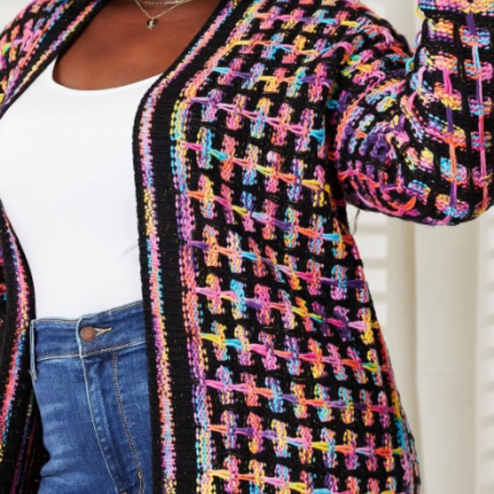 📣CLEARANCE📣 Boho Black Rainbow Open Front Fringe Long Cardigan - Picture 2 of 7
